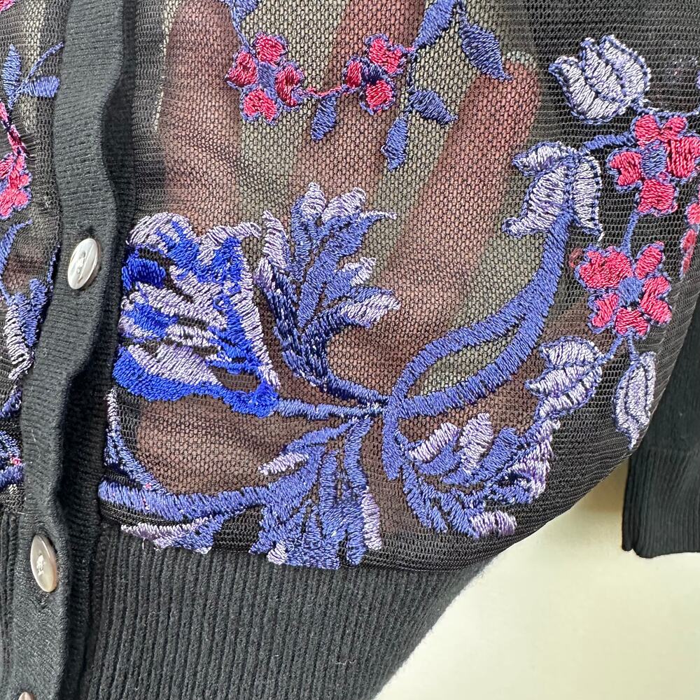 A New Day Embroidered Sheer Cardigan Floral Black Opalescent Buttons Women's M - Picture 3 of 10